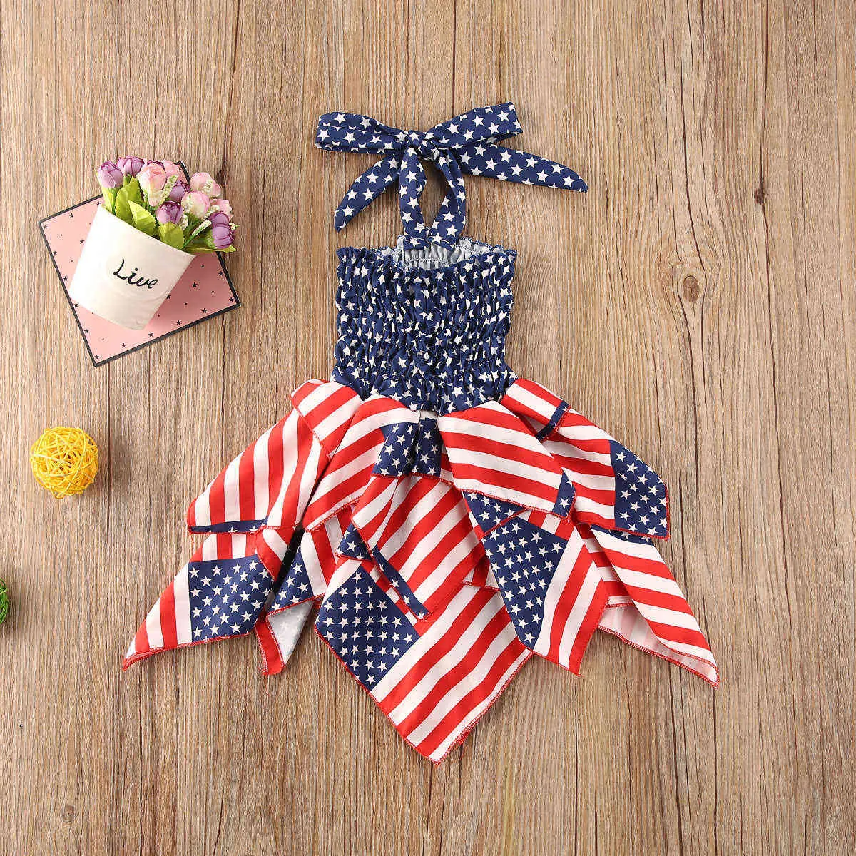 Tenue du jour de l'indépendance pour bébés filles, robe à volants du 4 juillet, drapeau américain à rayures, étoiles imprimées, mini robe à bretelles Q0716