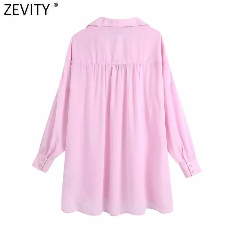 Zevity Women Simply Pink Color Oversize Shirts Female Back Pleats Sunscreen Summer Blouse Roupas Chic Button Chemise Tops LS9369 210603