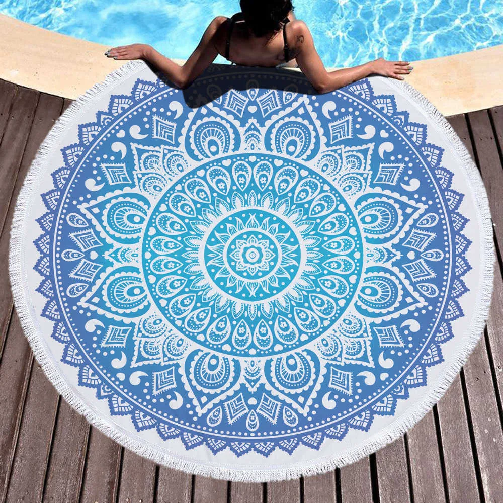 150cm Tassel Giant Beach Blanket Picnic Camping Mat Round Sandbeach Towel Printed TableclothPad Calico Women Shawl Mattress Y0706