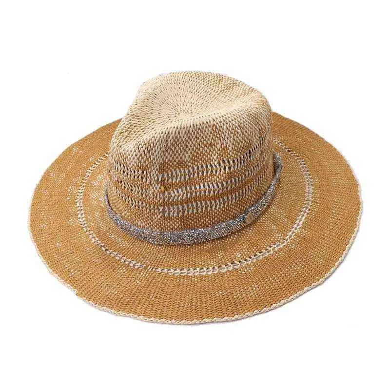 Dames Straw Panama Fedora Sun Hat Gradiënt Rhinestone Chain Sunscreen Beach Cap A0NF G220301