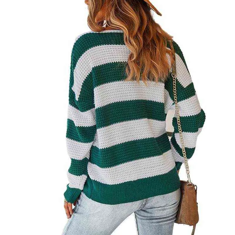 Women Spring Fall Patchwork Striped Knitted Sweater Jumper Pullovers Top O-Neck Full Sleeve Loose All Match S-XL Y1110