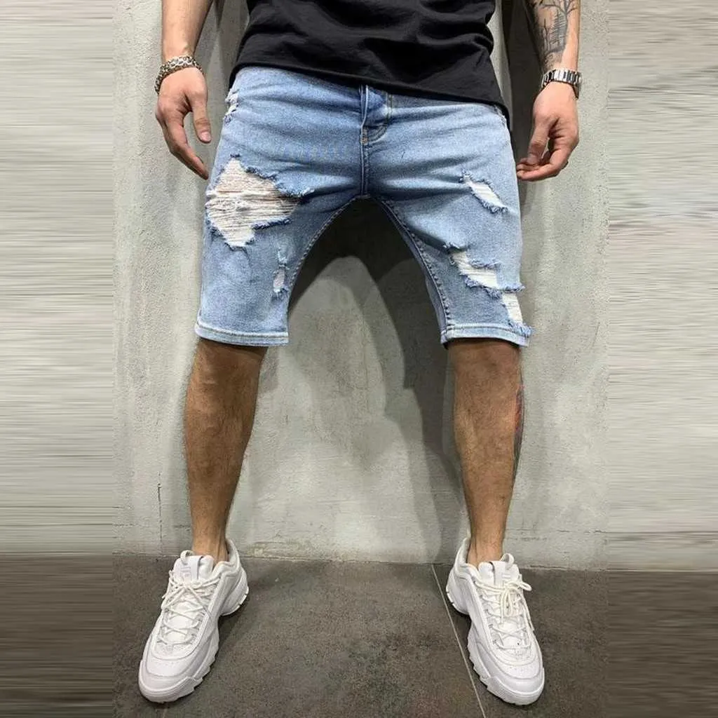 Cool Short Jeans Street Men's Zipper Pocket Denim Pants Cotton Multi-pocket Shorts Ripped Fashion Pant Men Clothing 210714