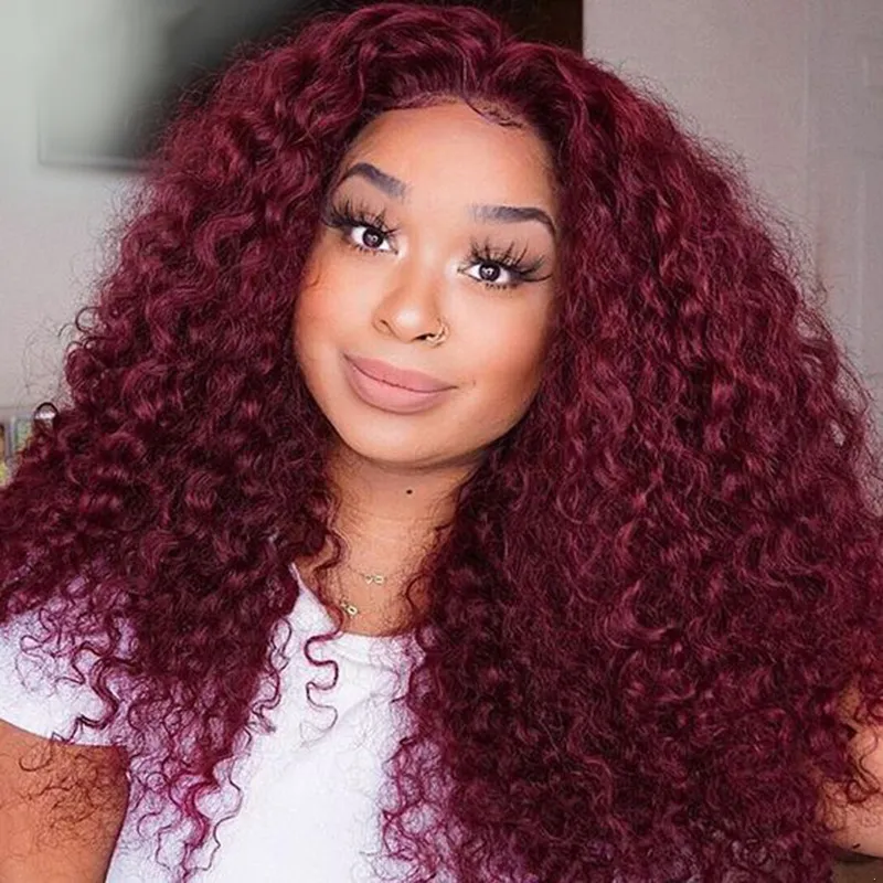 Curly Burgundy Colored Medium Brown Lace Front Pre Plucked Colored WIg For Women Synthetic Heat Resistant Fiber Wigsfactory direct