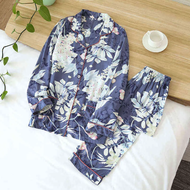 Sommerfrische Blumen-Pyjama-Sets für Damen, gemütliche Nachtwäsche aus 100 % Viskose, langärmelige Qualitäts-Pyjamas für Damen, Homewear 211112