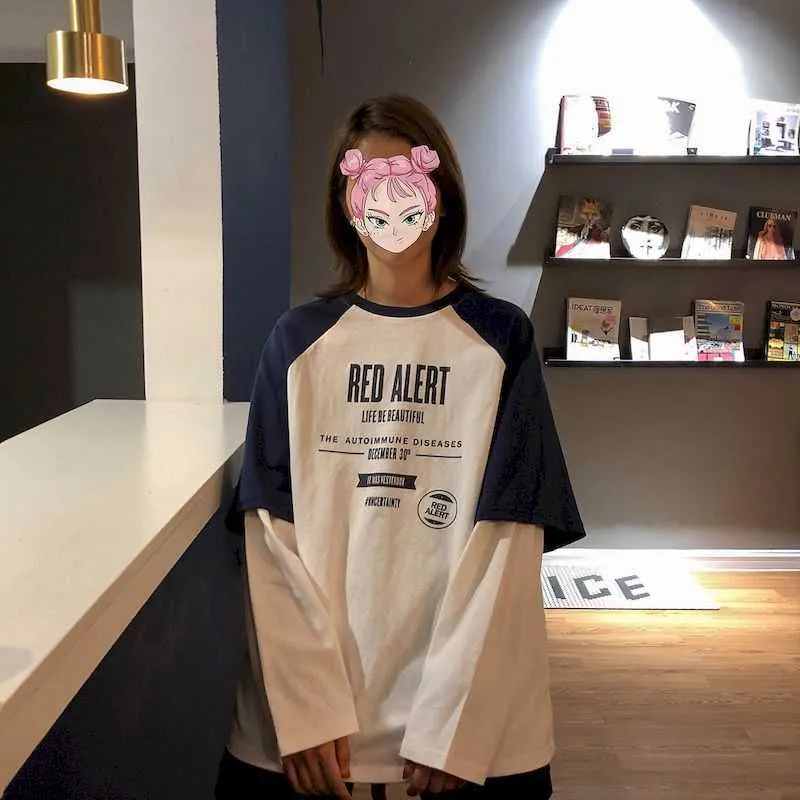 春の偽の2ピース長袖Tシャツの女性トップスボトムリングシャツ緩いカジュアルな韓国の緩い女性のTSHITS 210819