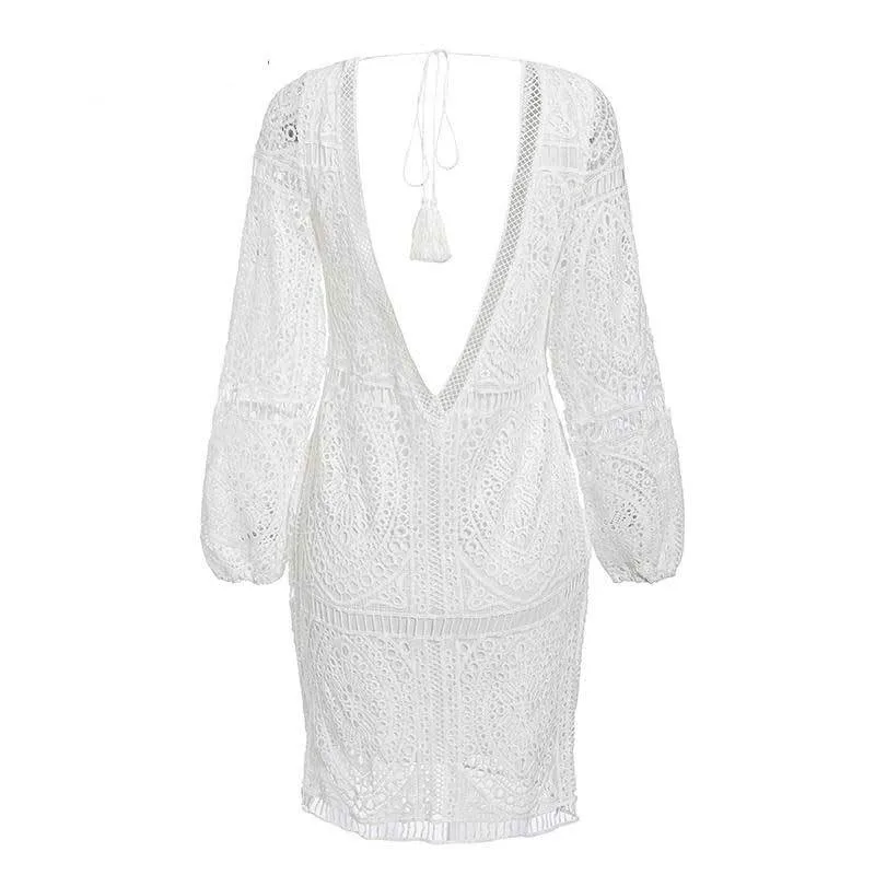AYUALIN sexy backless beach swim coverup summer dresses white lace dress women tunic robe vintage V-neck boho vestidos plus size 210311