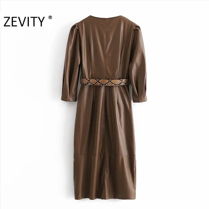 Zevity Autumn Women Fashion v Neck Solid Pu Leather Snake Sashes Midi Dress Office Ladies Chic Plets Puff Sleeve Vestido DS4541 210309