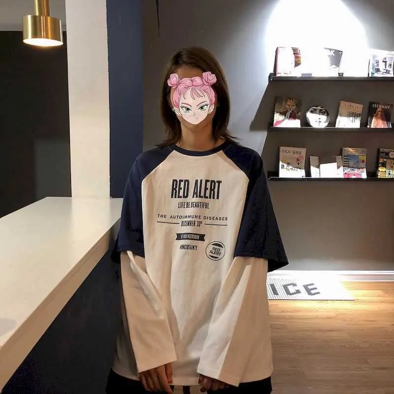 봄 가짜 두 조각 긴팔 티셔츠 여성 탑 바닥 셔츠 느슨한 캐주얼 한국어 여성 티셔츠 210720