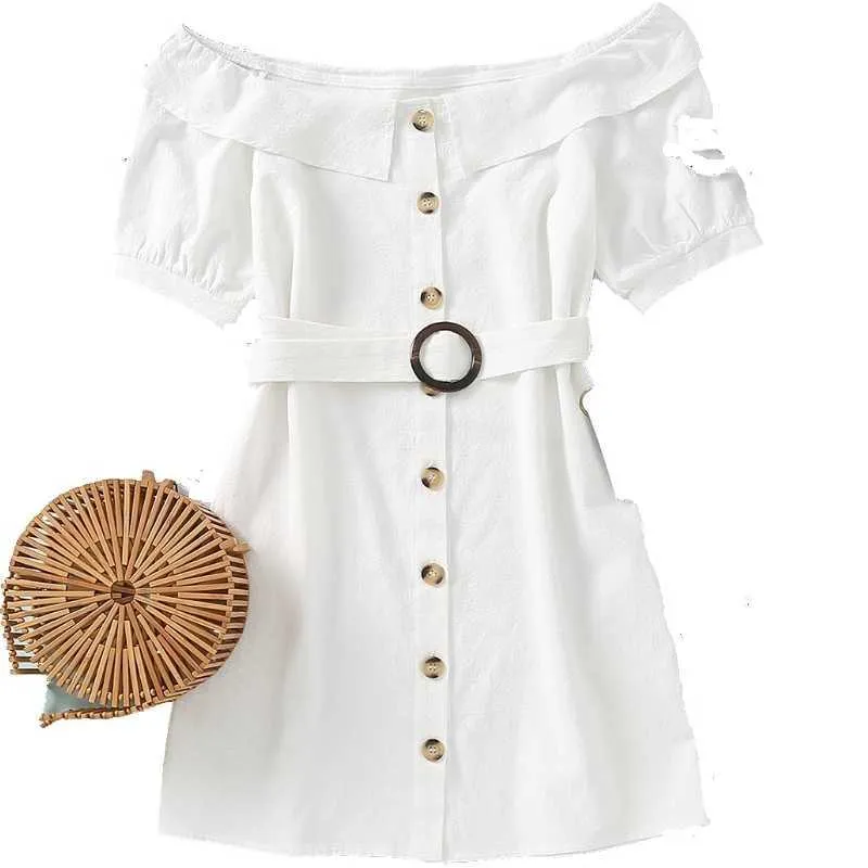 women sexy off shoulder short sleeve white mini dress female breasted buttons sashes vestido chic casual slim dresses DS3847 210603