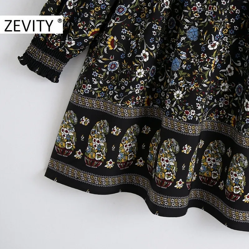 Zevity Frauen Vintage Totem Blumendruck Gericht Minikleid Femme Langarm Kimono Vestido Chic Lässige elastische Kleider DS4480 210303