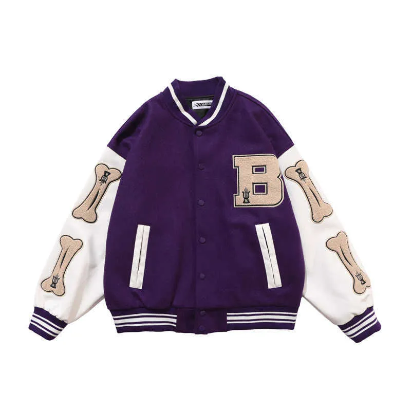 hip hop streetwear baseball jacket coat letter B bone embroidery Stand-up collar japanese bomber college 210811