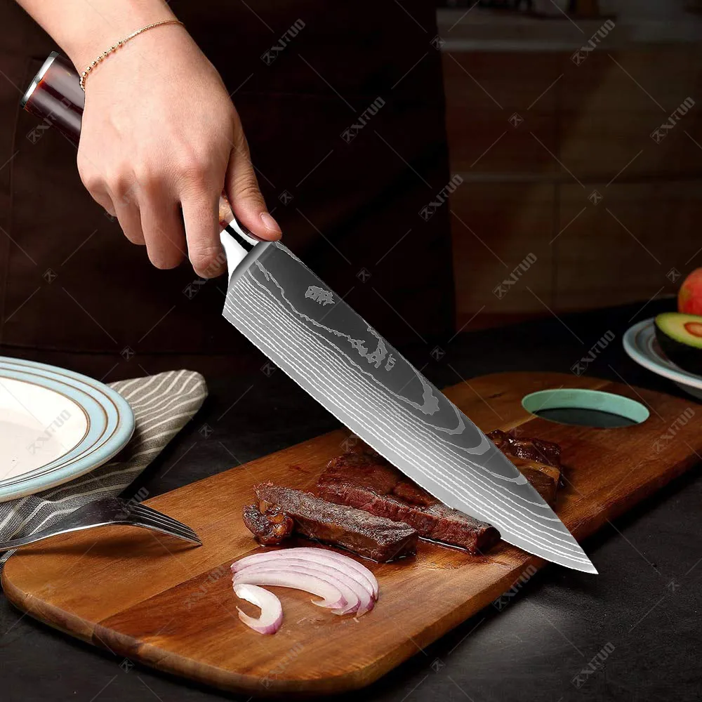 XITUO 1-10 pièces ensemble de couteaux de cuisine Laser damas motif couteau de chef tranchant Santoku couperet tranchage couteaux utilitaires poignée en résine