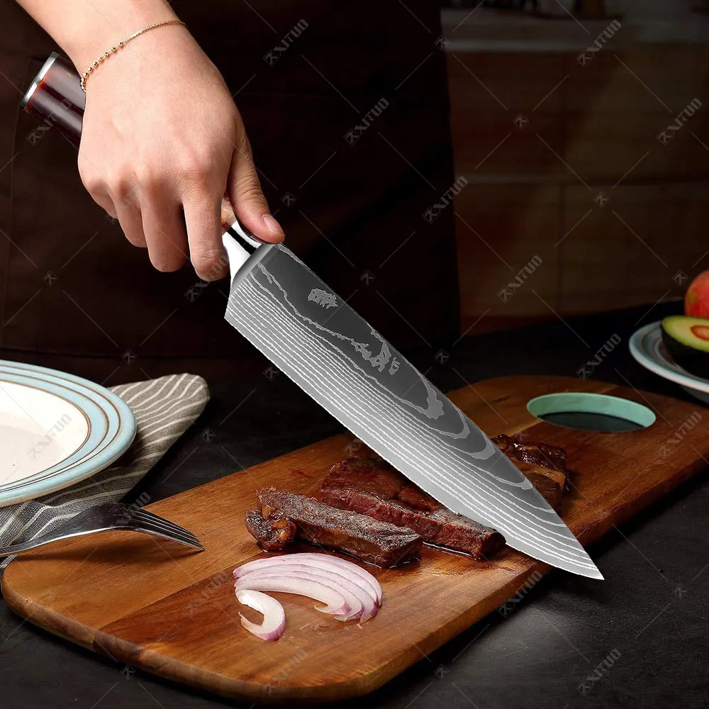 XITUO ensemble de couteaux de cuisine 6-8 pièces ensemble manche en résine rouge Laser motif EAMASCUS Chef LNIFE couperet à pain couteaux à trancher Gift280o