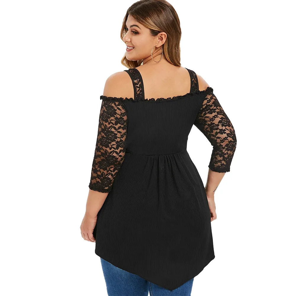 6xl plus storlek kvinnor skjorta av axel damer toppar spets långärmad svart blusar skjorta avslappnad oregelbunden streetwear femme d25 210302
