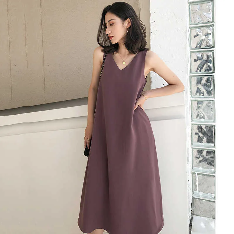 Femmes mode Vintage robe été élégant bureau dames sans manches solide violet une ligne robes Vestidos 210608