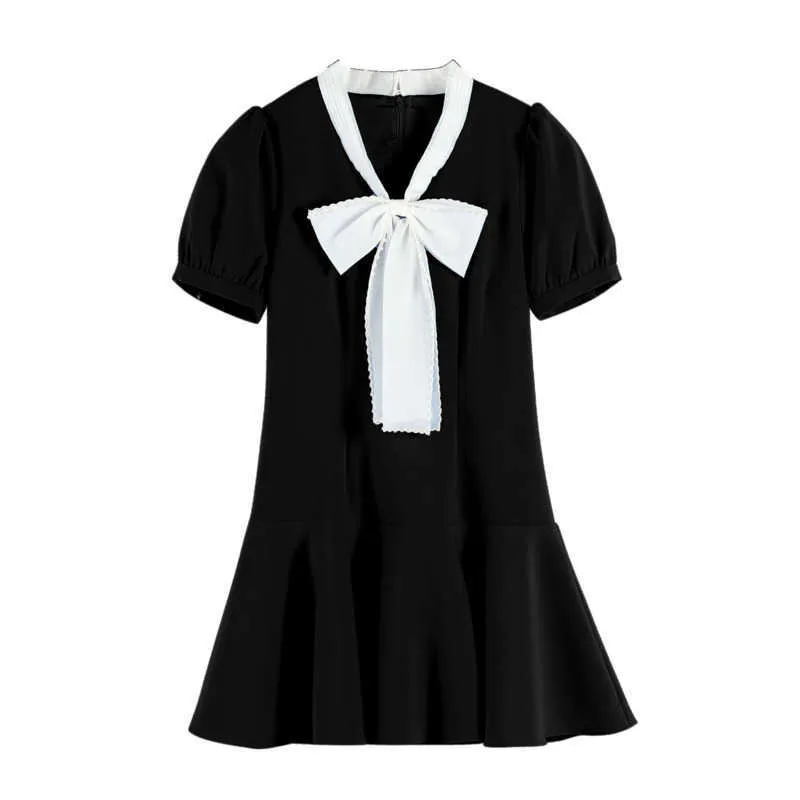 [DEAT] Summer Fashion V-neck High Waist Beading Bow Short Sleeve Splicing Loose Elegant Dress Women 13C987 210527
