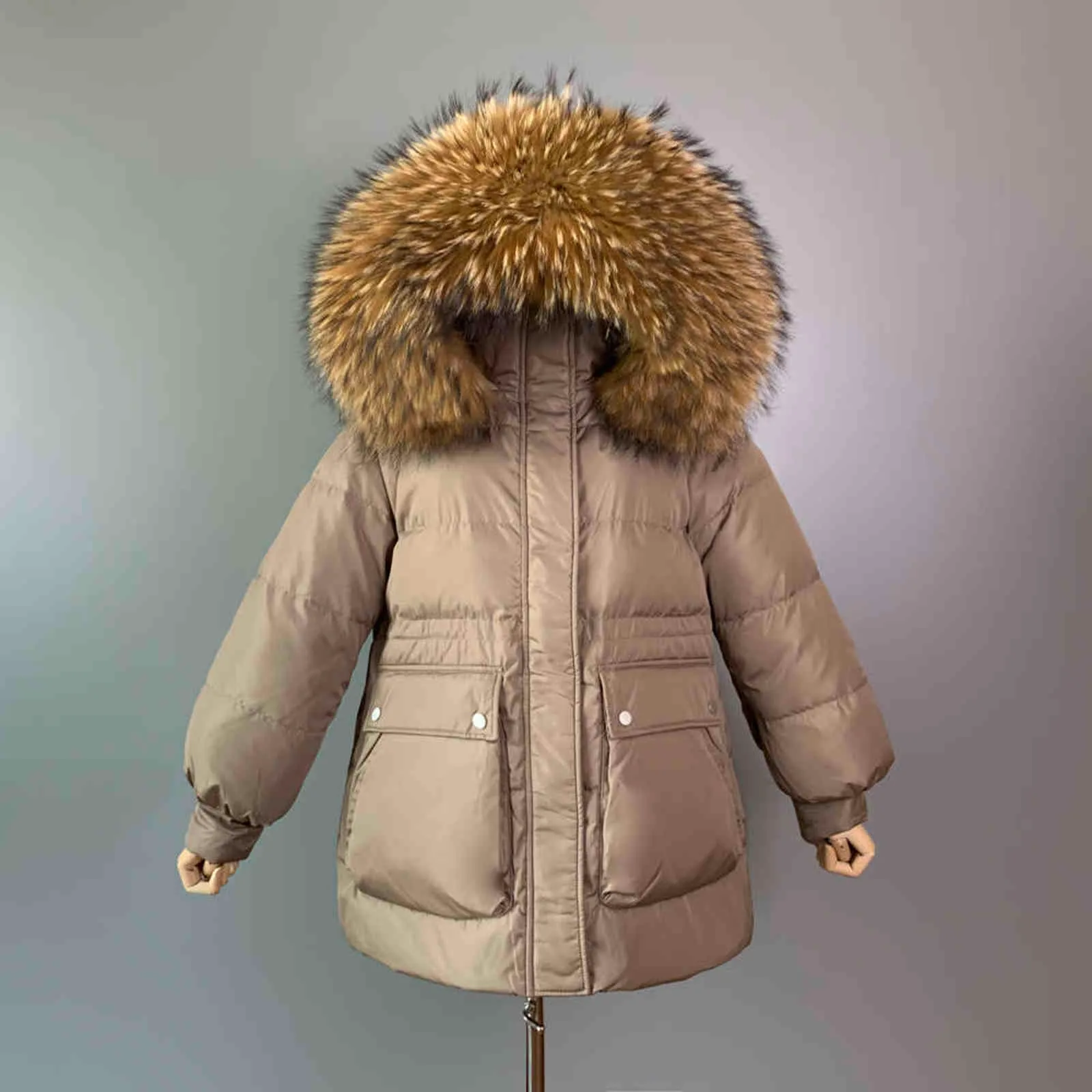 Winter Down Jacket Women 90% Vit Duck Coat Stor Naturlig Raccoon Fur Collar Hooded Tjock varm justerbar midja 211108