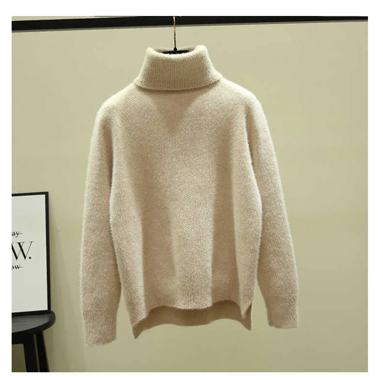 LY VAREY LIN Autumn Winter Women Oversized Sweater Turtleneck Solid Ladies Pullovers Loose Yellow Beige Warm Blue Tops 210526