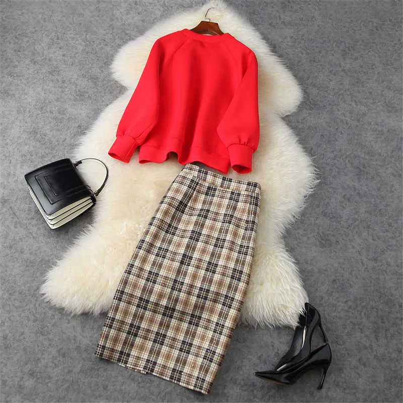 High Street Fashion Women Long Sleeve Sequined Loose Hoodies Top and Plaid Pencil Skirt Suit Set Casual Office Lady Twinset 210601