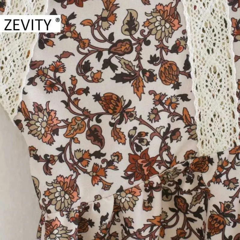 Zevity Kobiety Vintage V Neck Koronki Patchwork Flower Print Casual Luźna Sukienka Kobiet Latarnia Rękaw Chic Sąd Retro Vestido DS4608 210603