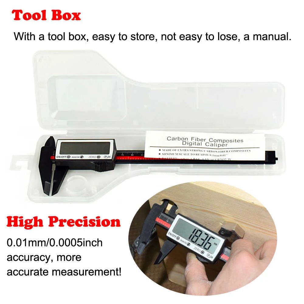 Acalox Carbon Fiber 0-6Inch / 150mm Touch Screen Digital Caliper Large LCD-tum / metrisk konvertering Mätverktyg 210922