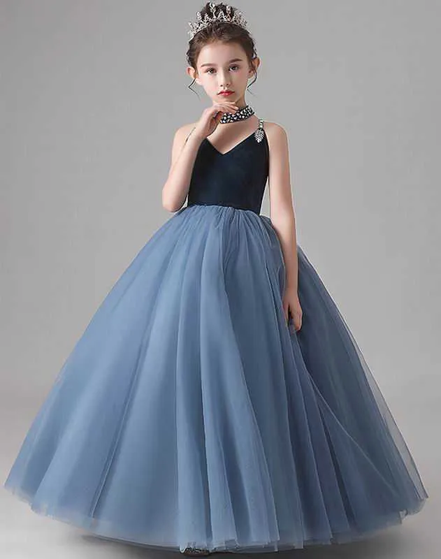 Kwiat Girl Princess Dress Velvet Fluffy Tulle Party Evening Ball Suknia Performance Wear Model Pokaż E2 210610