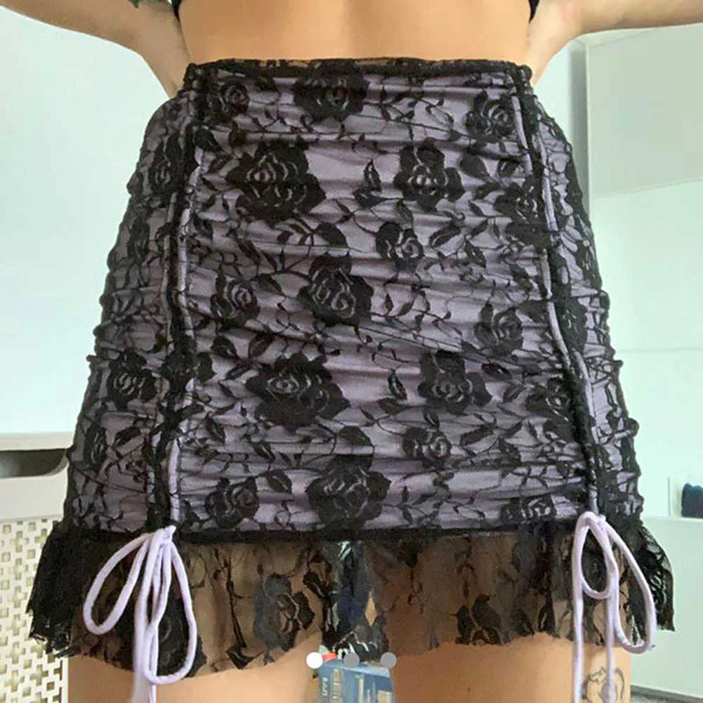 Drawstring Malha Goth Y2K Saias Mulheres Dupla Camada Lace Up Egirl Mini Academia Dark Aesthetic 90s Gothic Streetwear 210629