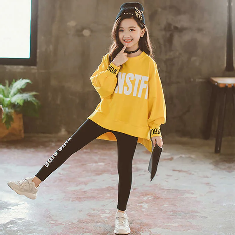 Winter Kids Clothes Suit Girls Autumn Clothing Korean Casual Big Children'S Letter Sweater+ Leggings Set For 4-13Y 211025