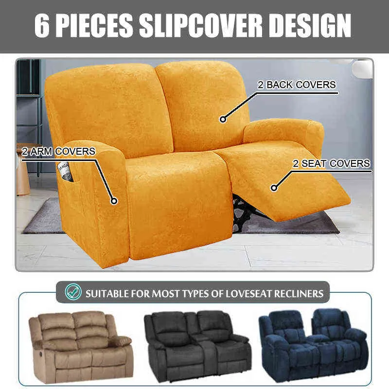 1 2 SEATHER RECLINER SOFA COVER STRETCH VELVET Lounger fåtöljslipcover Soffa täcker möbelskydds elastisk sidoficka 211116