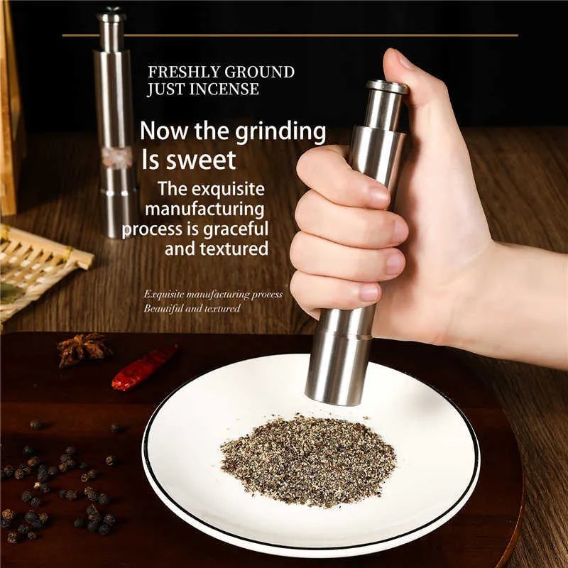 Manual Salt and Pepper Grinder Set Thumb Push Mill Stainless Steel Spice Sauce Grinders With Metal Holder Kitchen Tool 210712