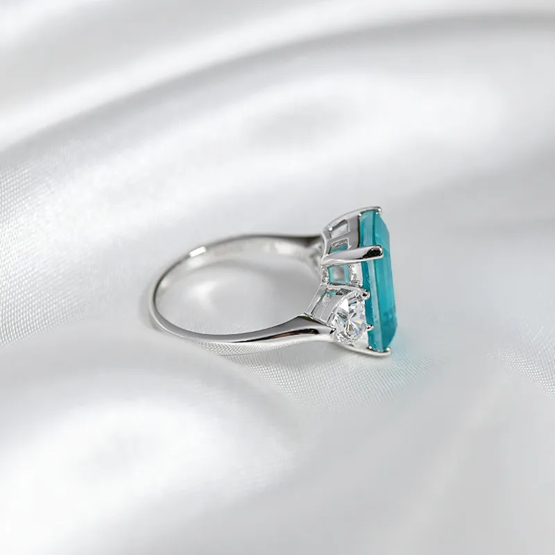 オヴァス100％925スターリングシルバーParaiba Tourmaline Gemstoneリングのための女性輝く高炭素ダイヤモンドの結婚式ファインジュエリー220222