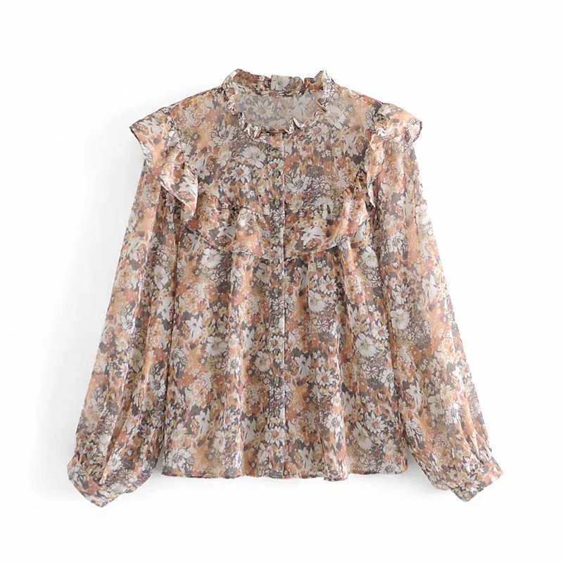 Za Floral Print Ruffle Blouse Women Long Puff Sleeve O Neck Elegant Top Female Chic Front Button Vintage Slim Flower Shirt 210602