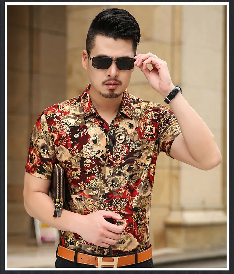 꽃 무늬 프린트 셔츠 남자 브랜드 새로운 금 브론 징 짧은 소매 화학 화학 화상 꽃 남성 드레스 셔츠 카미사 남성