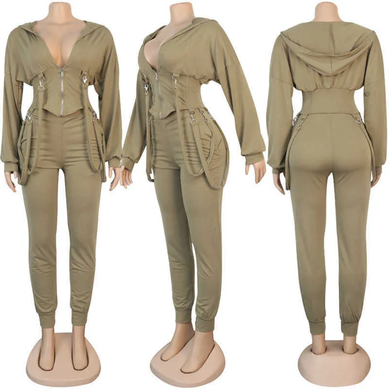 NEONBABIPINK Tuta 2 pezzi Set invernale Zip Up Corsetto Felpa con cappuccio Pantaloni Due pezzi Completi Tute da donna Set coordinati N35-EB52 Y0625