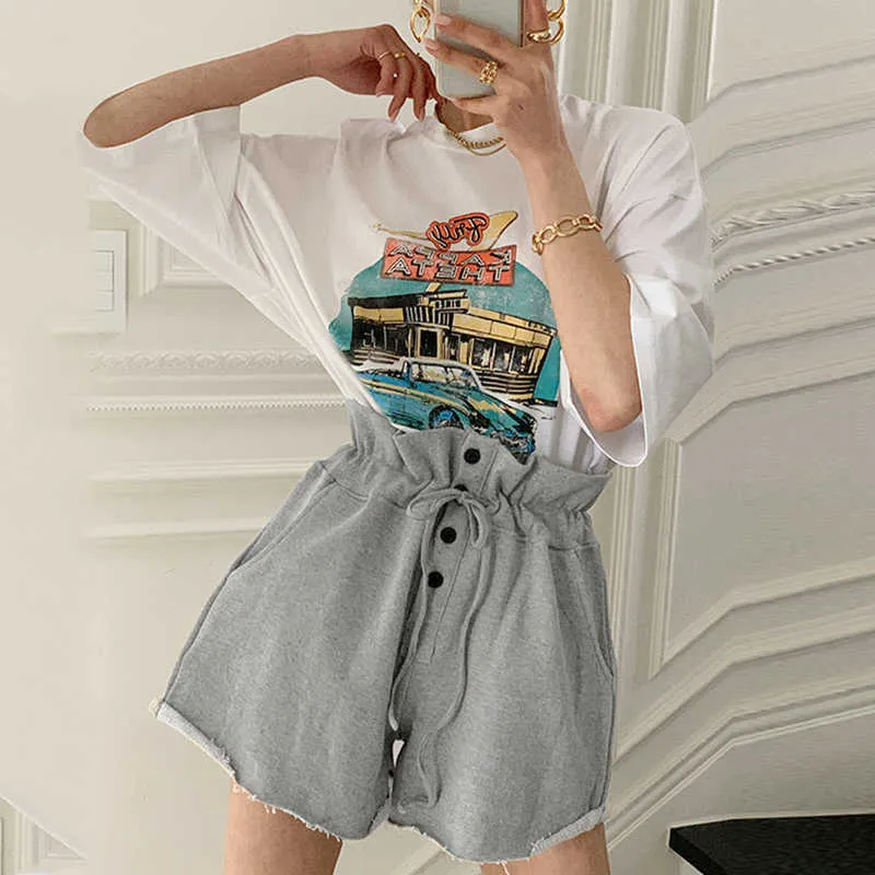 Korejpaa Dames Set Zomer Korea Chic Leeftijd Reduction Ronde Hals Cartoon Print Losse T-shirt Knoppen Casual Pant 210526