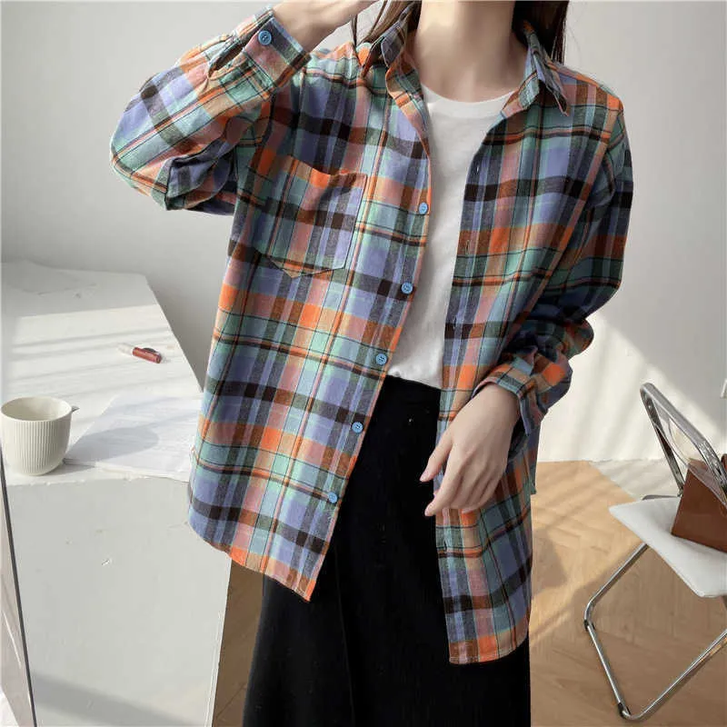 HSA Women Long Blouse Shirts Casual Plaid Loose Blusa Tops Office Herfst Koreaanse elegante vintage oversized shirts Top Ladies 210716