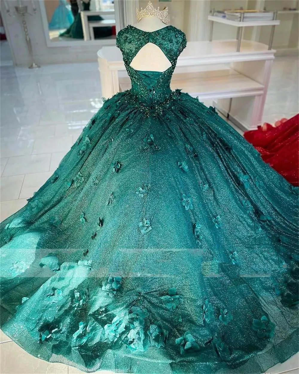 Robes de Quinceanera vert foncé avec appliques florales 3D bretelles perlées Corset longueur au sol au dos bonbon 16 fête d'anniversaire bal de bal Go291i