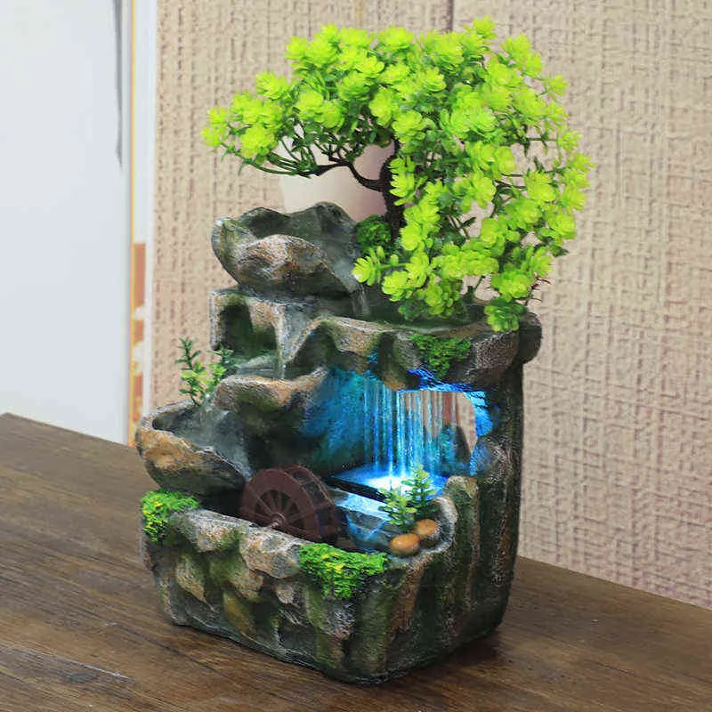 Creative Feng Shui fontaine d'eau qui coule bureau résine rocaille paysage cascade artisanat avec changement de LED 7 couleurs 211105