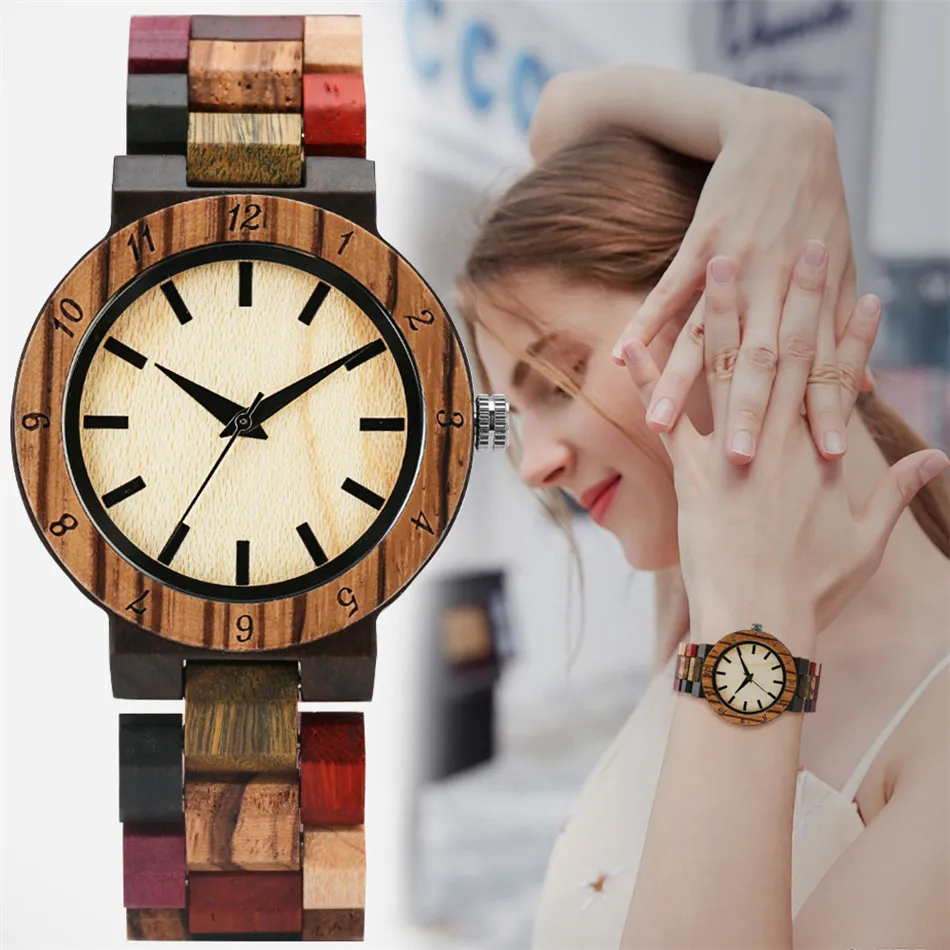 女性ウッドバングルウォッチクォーツムーブメントレディの木製ブレスレットウォッチミックスカラーリストバンドミニマリストダイヤル女性の時計