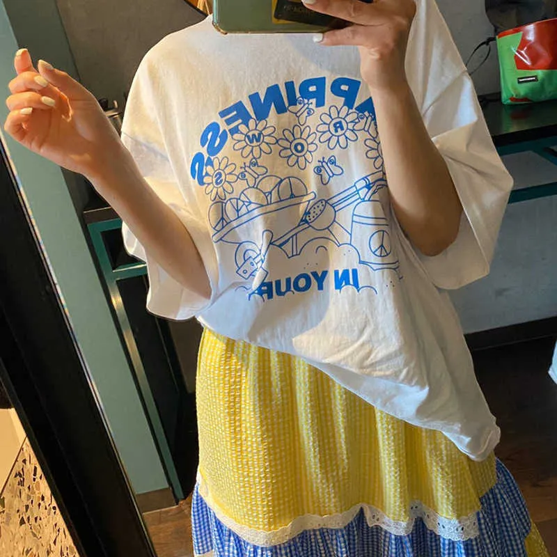 コレヒパアの女性Tシャツ夏の韓国のシックな女性の西側のスタイルラウンドネックレター印刷緩いカジュアル全体マッチプルオーバー210526