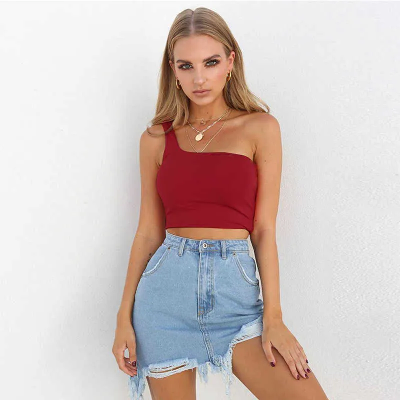 Sommar Sexig Ärmlös En Shoulder Backless Tank Toppar Svart Slash Neck Bodycon Crop High Street Women Corset Camis 210604