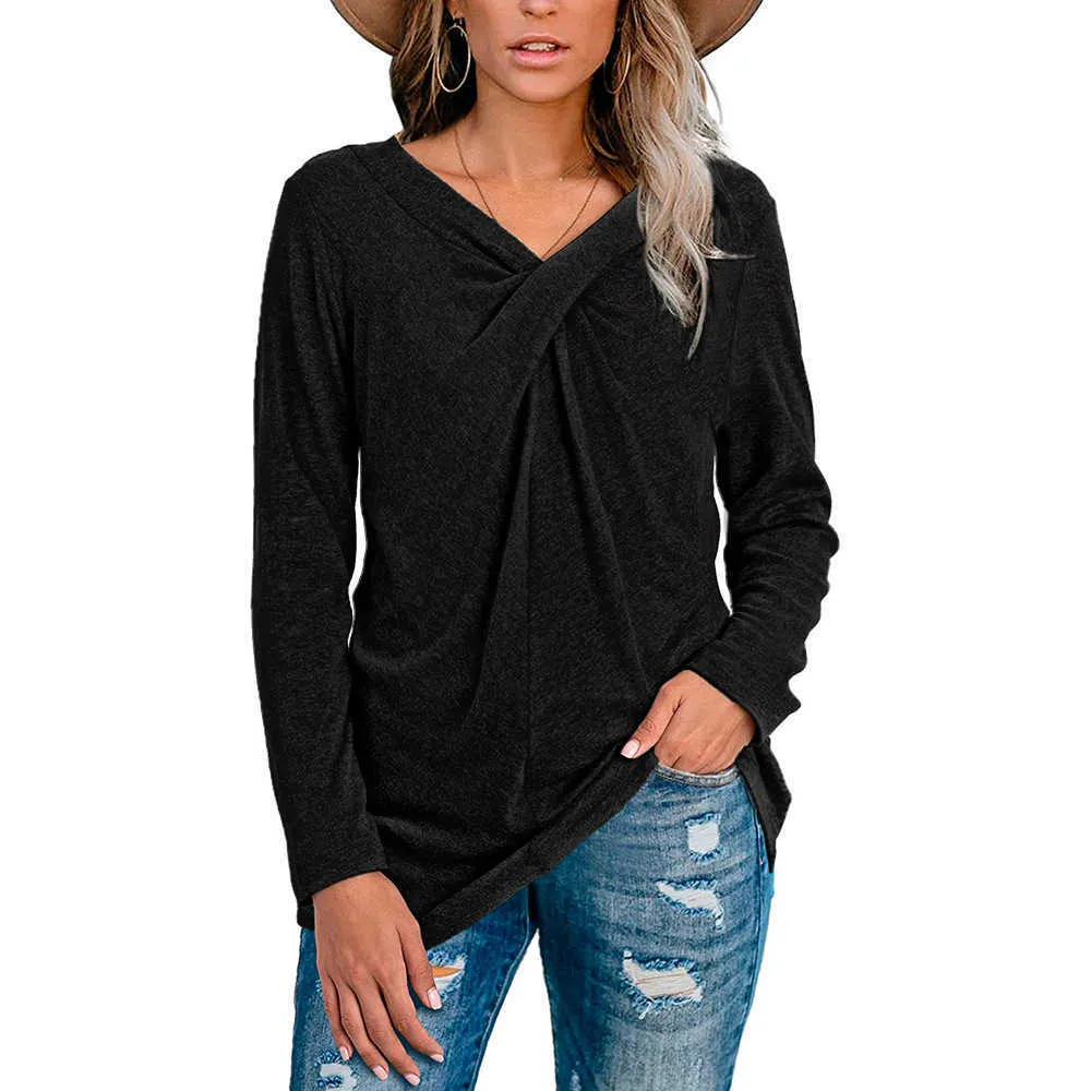 Women's Tshirt Tops Spring Autumn Casual Soft Solid Color Neckline Kink Long Sleeve T-shirt Large Size V Neck Female 210526
