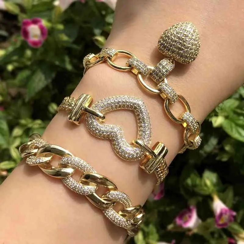 Couleur or de luxe pour les femmes pendentif coeur zircone cubique pierre Punk s bracelets Boho chaîne cubaine Bracelet bijoux