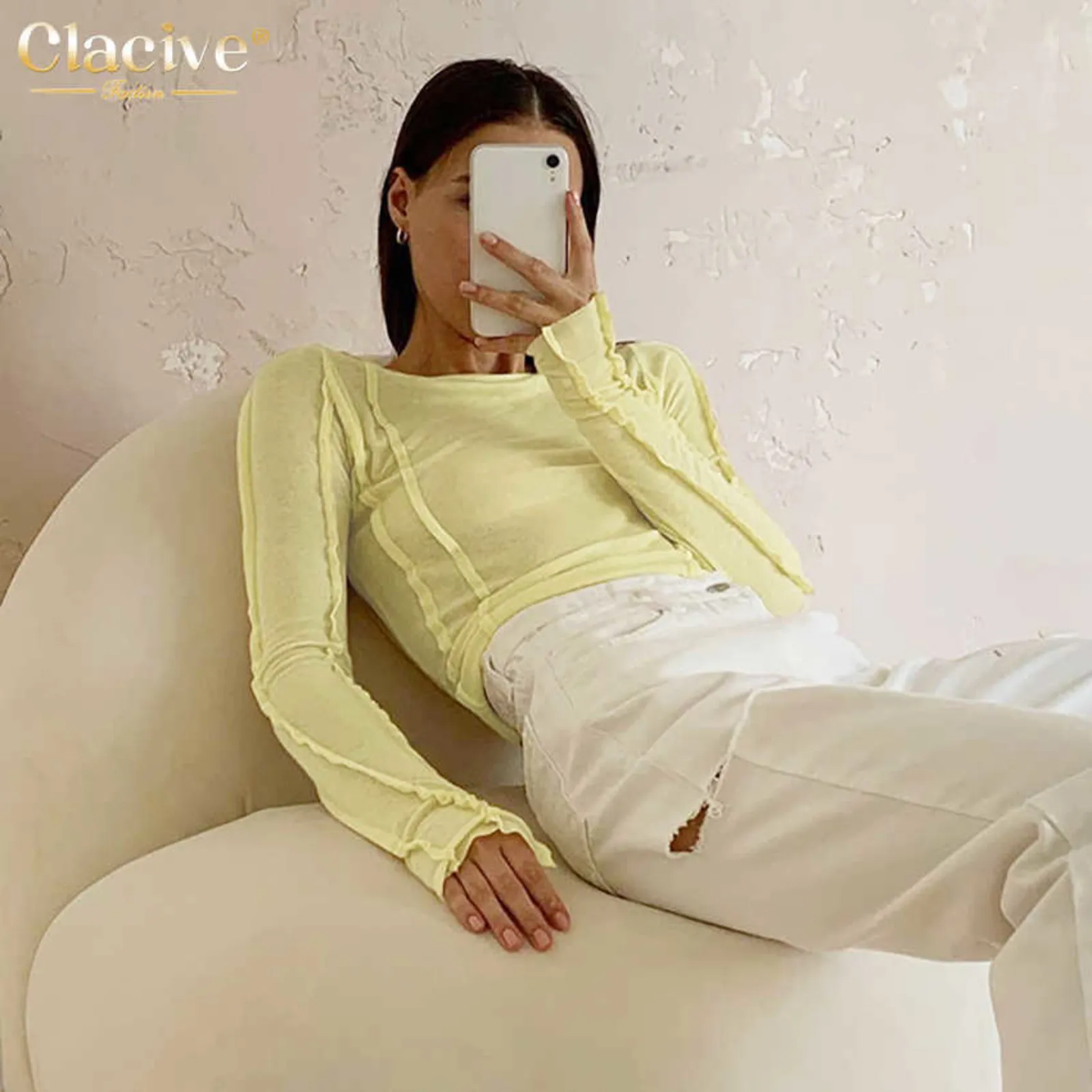 Clacive Bodycon White O-Neck Women'S T-Shirt Elegant Yellow Long Sleeve Fall Tee Shirt Casual Slim Elastic Solid Top Female 220208