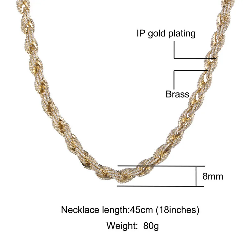 Thick Chain For Men Gold Color Fashion 8mm 18-24inch 18K Yellow Gold Plated CZ Rope Chain Necklace Bracelet Men Jewelry207I