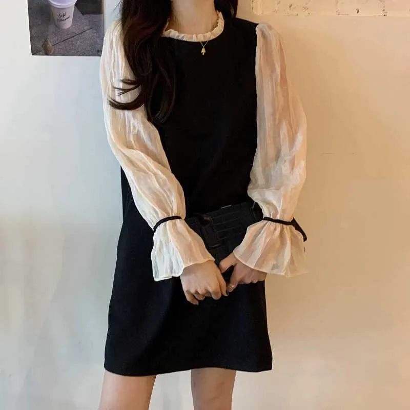 Women French Retro Mini Dress Patchwork Long Sleeves Gentle Elegant Stand Neck Chic Female Fashion Clothe 210525