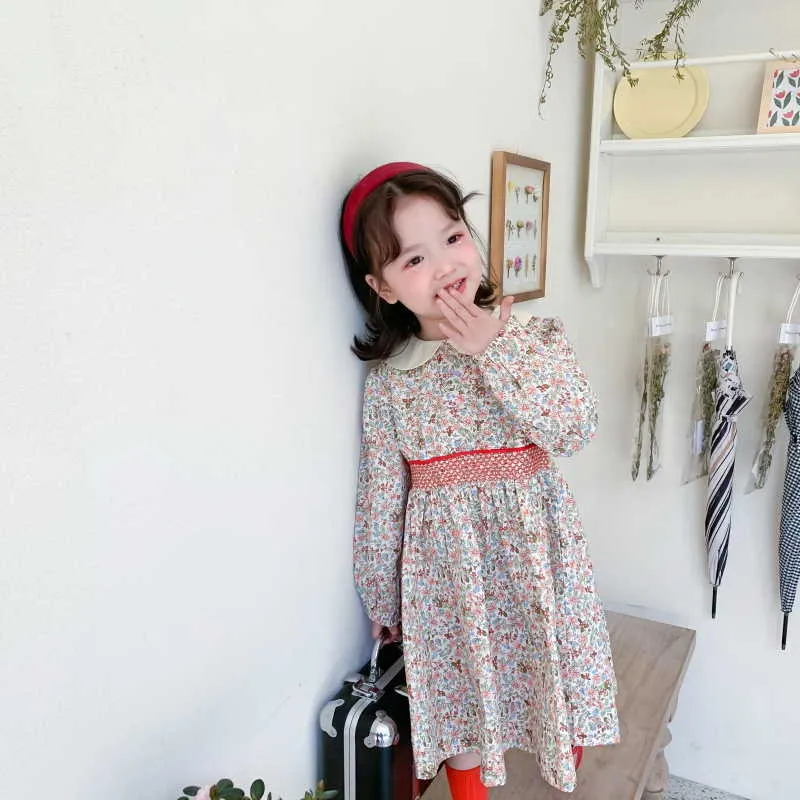 Koreanischer Stil Frühling Mädchen Kleid Elastische Taille Peter Pan Kragen Floral Prinzessin Kleider Kinder Kleidung E641 210610