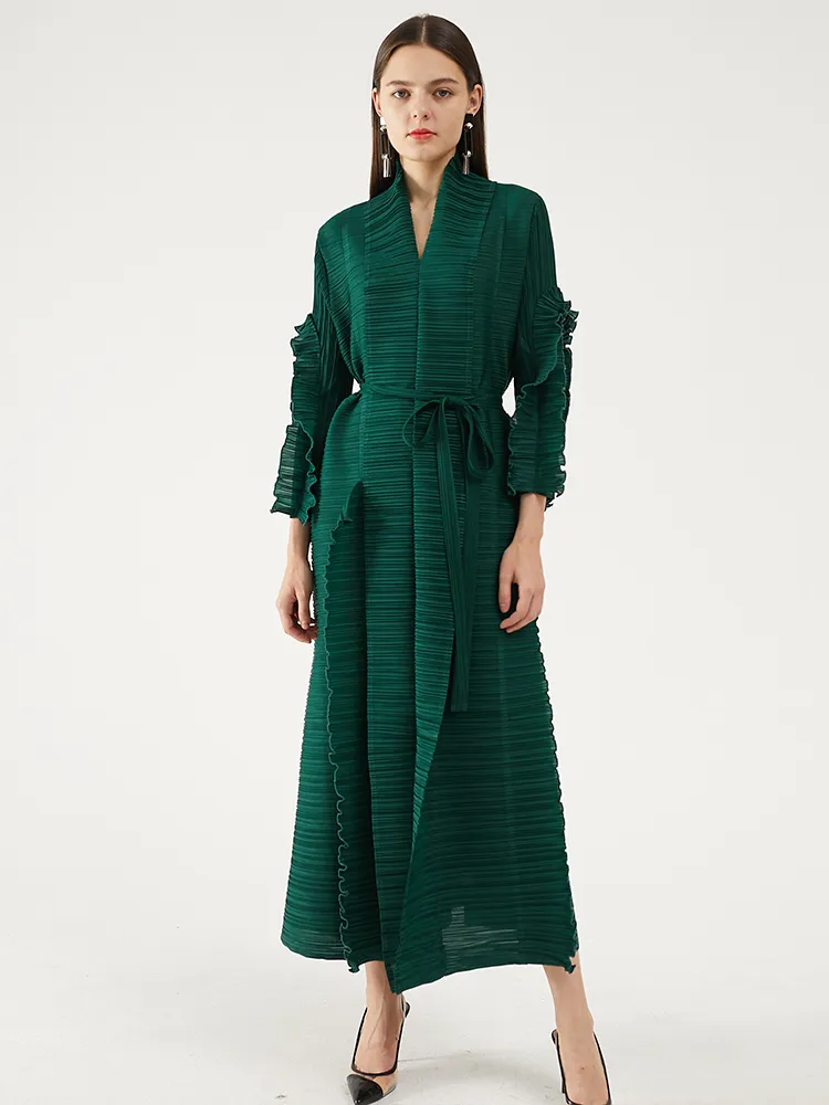 Miyake plissé à manches longues pétale robe revers cardigan ceintures plus la taille haute longue robe verte hiver femmes vêtements esthétiques 210303