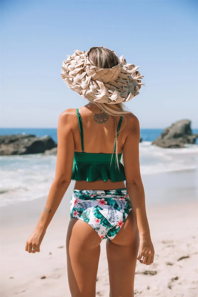 Sexig Blommig Ruffled Hem Bikini Set Kvinnor Flora V-Neck High-Waisted Two Piece Swimsuit Girl Beach Badräkt Swimwear Biquinis 210305