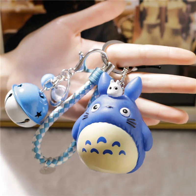 Anime mignon 3D Totoro porte-clés Kawaii dessin animé chat sac pendentif garçon fille hommes femmes amis PVC main corde cloche clé cadeau accessoires G1019